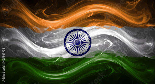 A digitally generated image in a smoky, zigzag style, with a vibrant color palette ranging from dark green to bright white and striking orange. It features a wavy Indian flag. photo
