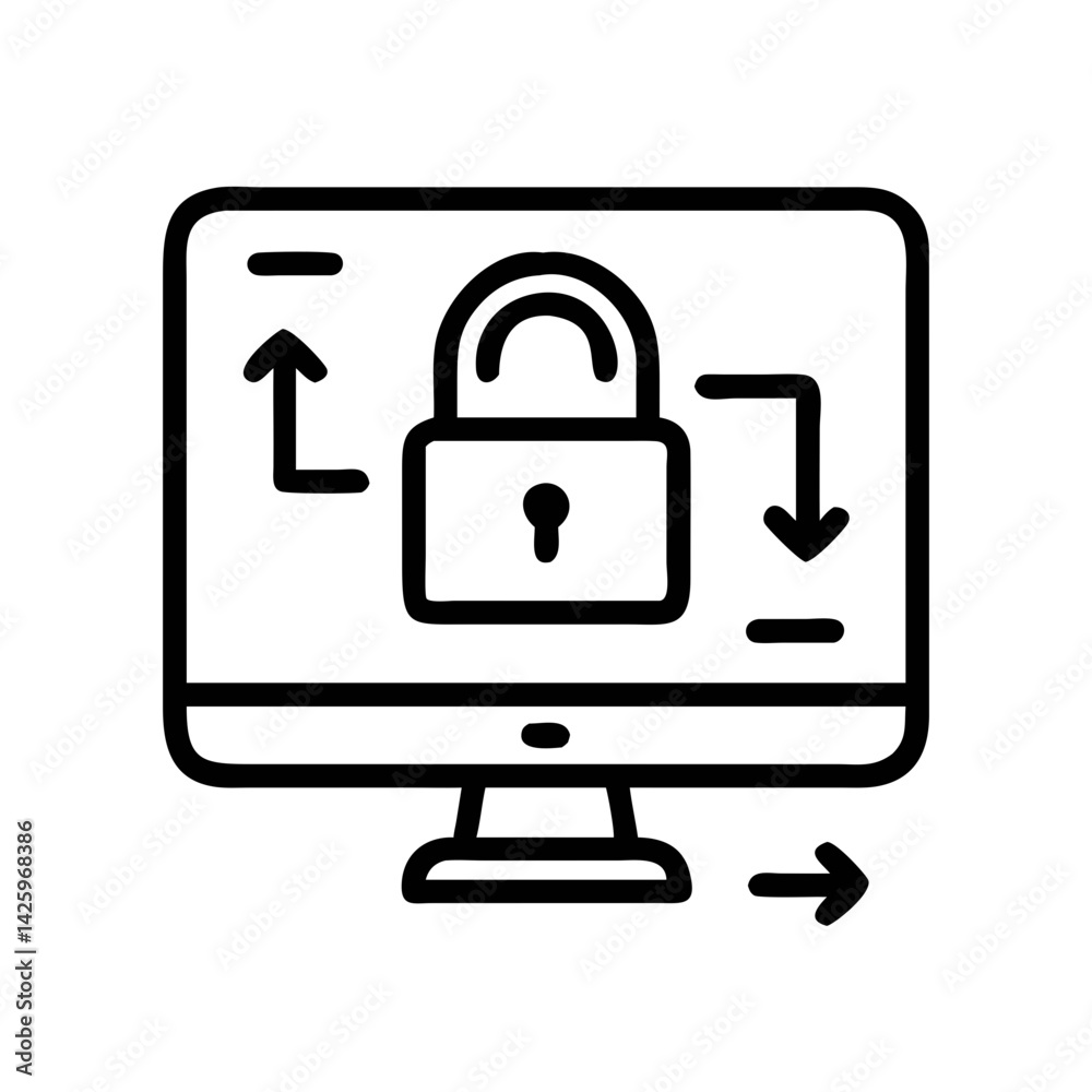 Monitor with Lock and Arrows Representing Encrypted Data Monitor with Lock and Arrows Representing Encrypted Data