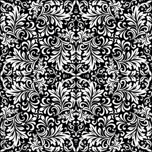 Wallpaper in the style of Baroque. White and black floral ornament. Seamless vector background. Graphic pattern for fabric, wallpaper, packaging. Ornate Damask flower illustration.
