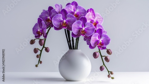 Purple orchid bouquet with cut stems in a white vase for home decor
