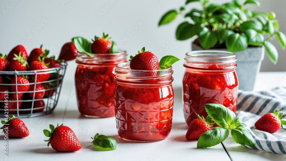 Fresh homemade strawberry jam infused with basil and whole berries Fresh homemade strawberry jam infused with basil and whole berries