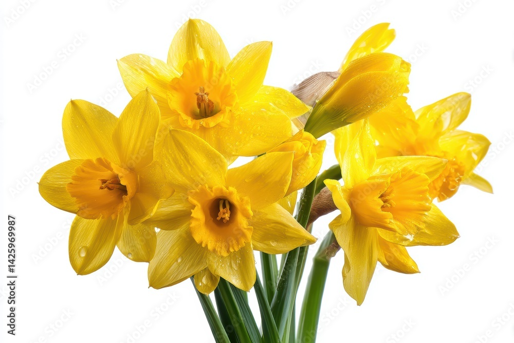 Fototapeta premium Bright yellow daffodils in full bloom against a pristine white background showcasing vibrant spring beauty