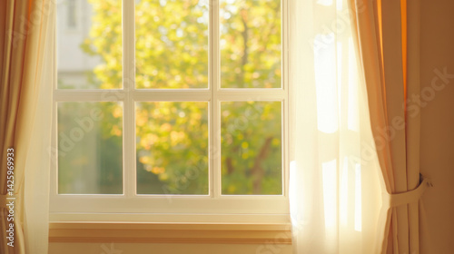 serene view through half open window reveals soft sunlight filtering through sheer curtains, highlighting vibrant greenery outside. warm ambiance evokes sense of tranquility and comfort