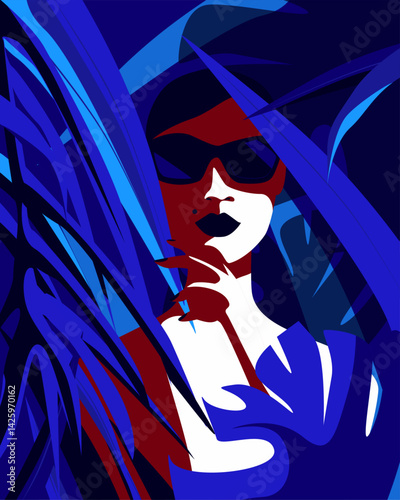 girl in the night, girl in dark room, beautiful woman with moonlight in palm branches. Beautiful illustration for poster, background picture, screensaver hand drawn