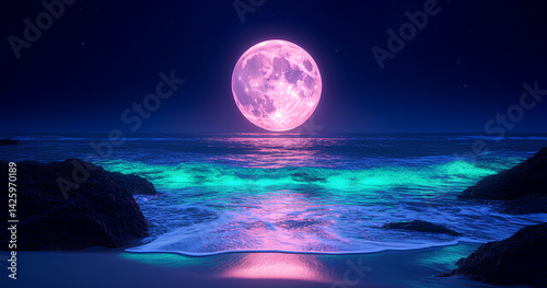 Pink Moonlit Beach at Night
