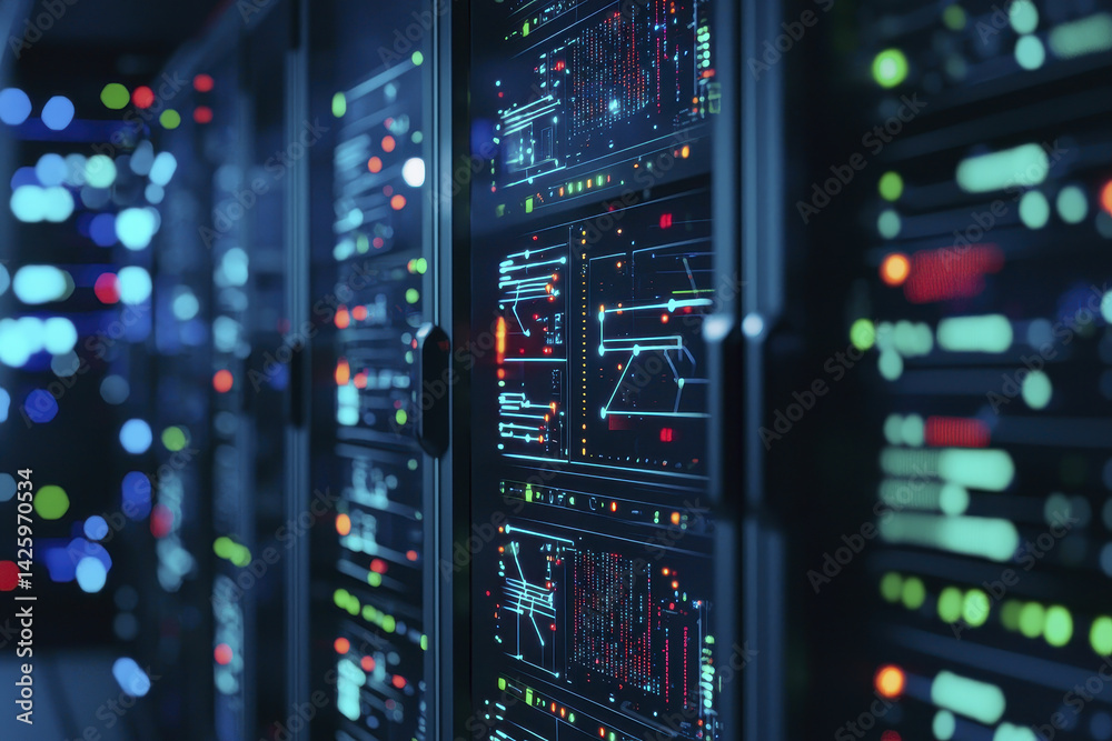 Fototapeta premium modern data center with illuminated server racks displaying vibrant digital interfaces and data visualizations, creating high