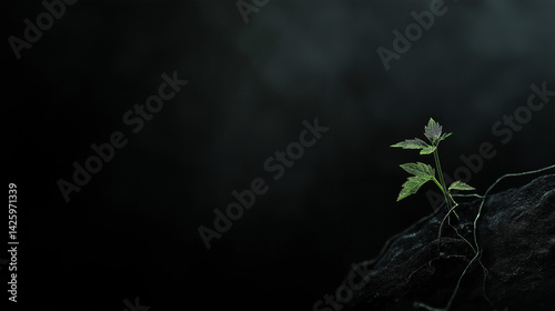 A small green plant on a black background growing in dark soil with a place for text
