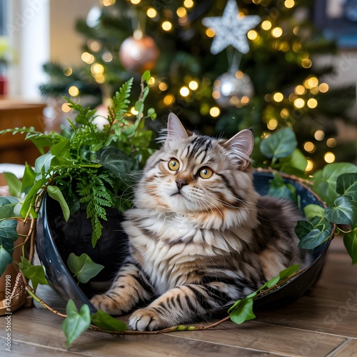 cat with christmas tree