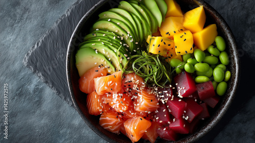 Colorful Poke Bowl with Fresh Salmon Avocado and Mango