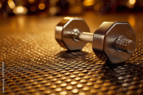 Dumbbells on metallic surface with warm lighting