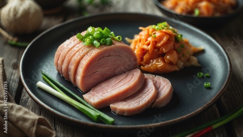 Round plate featuring boiled pork alongside kimchi
