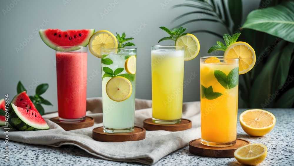 Fototapeta premium Ade, Cream Latte, Milk Tea, Matcha, Fruit Tea, Smoothie, Yogurt, Dessert, Canulets, Sandwiches, Cookies, Madeleines