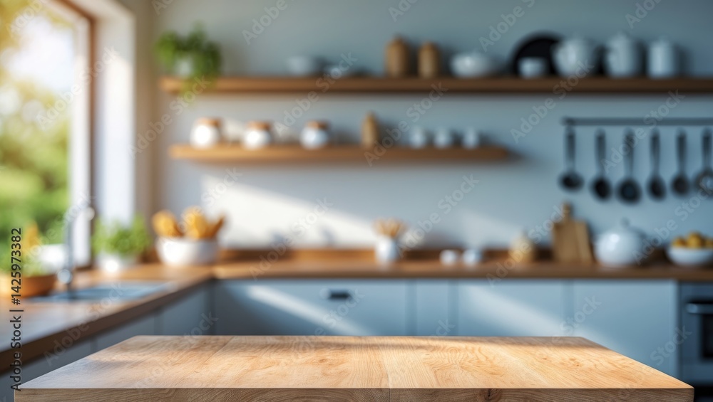 Kitchen interior with blurred wall background and wooden table for product display Kitchen interior with blurred wall background and wooden table for product display
