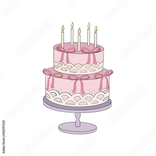 Cute Pastel Girlish Birthday Cake With Candles Vector Illustration.