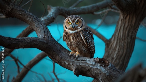 A perched owl on a tree limb