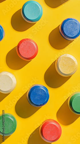 Colorful plastic caps pattern on yellow background