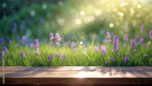 Obraz na płótnie Wooden table product display set against a garden background with grass, foliage, and bright sunlight w salonie