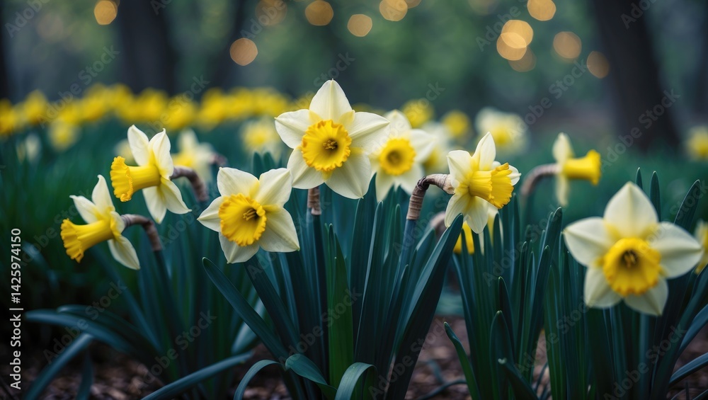 Obraz premium Vivid yellow spring flowers with lush blooms and dark foliage