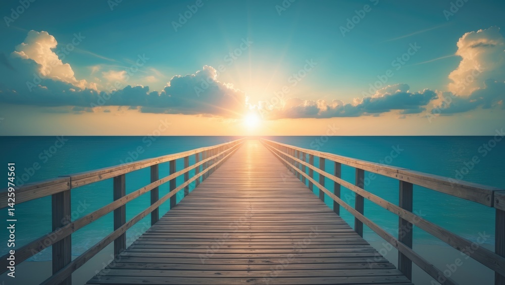 Obraz premium Wooden boardwalk along a tropical beach at sunset