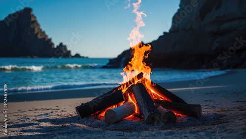 Coastal Bonfire Amidst Rock Formations at Sunset photo