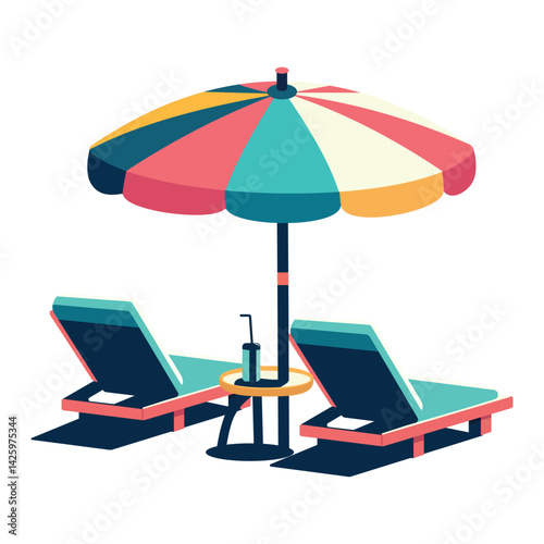 Beach chairs with a sun umbrella on a white background. Poster, Banner, Flyer, Greeting Card. Vector illustration in flat cartoon style
