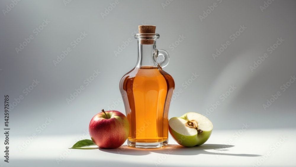 White background with apple vinegar in a glass bottle White background with apple vinegar in a glass bottle