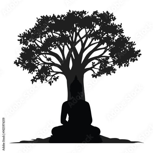 Lord Buddha Meditating Under the Bodhi Tree Vector in Black Color – Peaceful Vesak Day Design