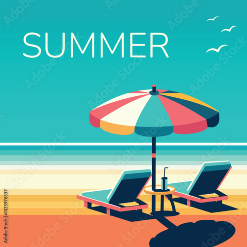 Relaxation on the beach for two. Beach chairs with a sun umbrella on a tropical background. Poster, Banner, Flyer, Greeting Card. Vector illustration in flat cartoon style