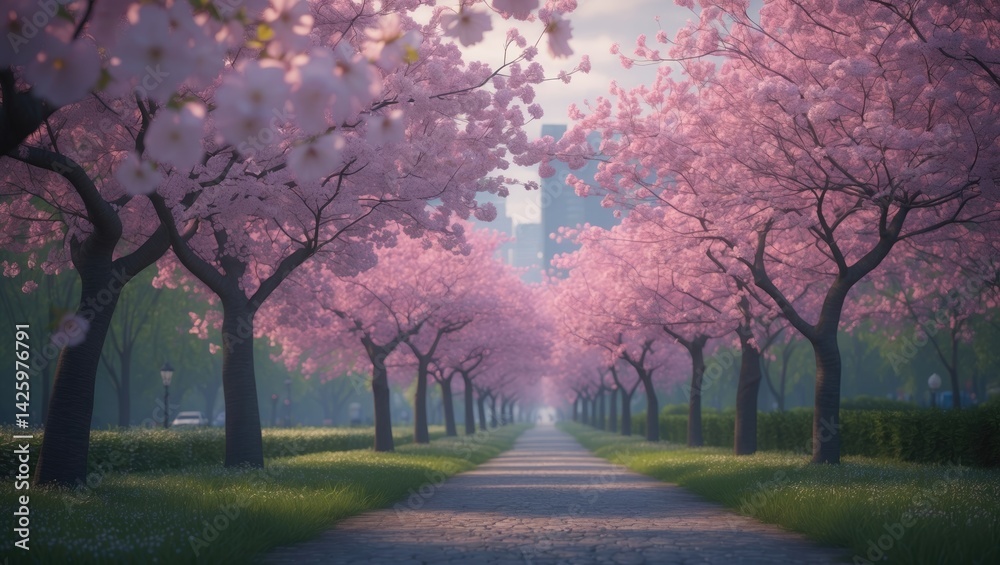 Naklejka premium Morning at the park with sakura blossoms