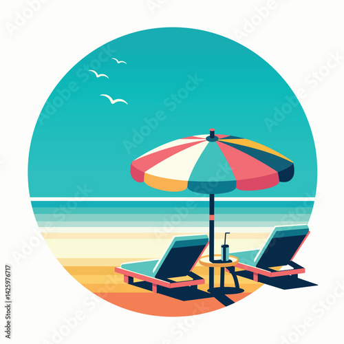 Relaxation on the beach for two. Beach chairs with a sun umbrella on a tropical white background. Poster, Banner, Flyer, Greeting Card. Vector illustration in flat cartoon style