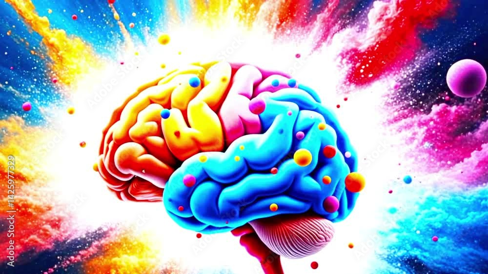 Colourful brain. human head with brain. Head, brain lit up, neural connections, head tissues moving. All the thoughts of the brain going away