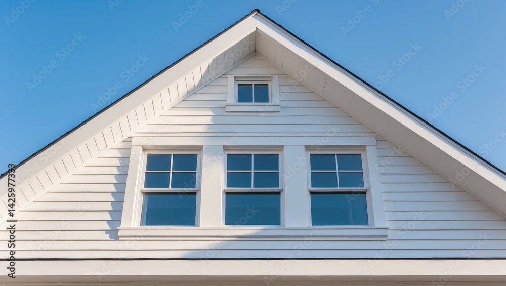 White wood accents enhance roof lines and window surrounds with vinyl siding, triangular gable featuring horizontal siding, fascia, and attic window frame