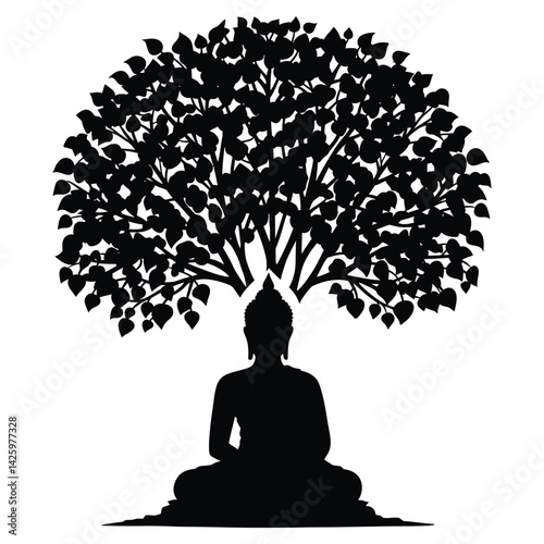 Lord Buddha Meditating Under the Bodhi Tree Vector in Black Color – Peaceful Vesak Day Design