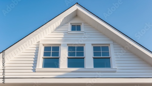 Obraz na płótnie White wood accents enhance roof lines and window surrounds with vinyl siding, triangular gable featuring horizontal siding, fascia, and attic window frame w salonie