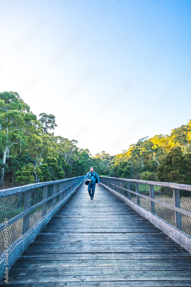 Obraz premium Front view of a man walking on timber trestle bridge at sunset, Timboon Trestle Bridge, Victoria, Australia