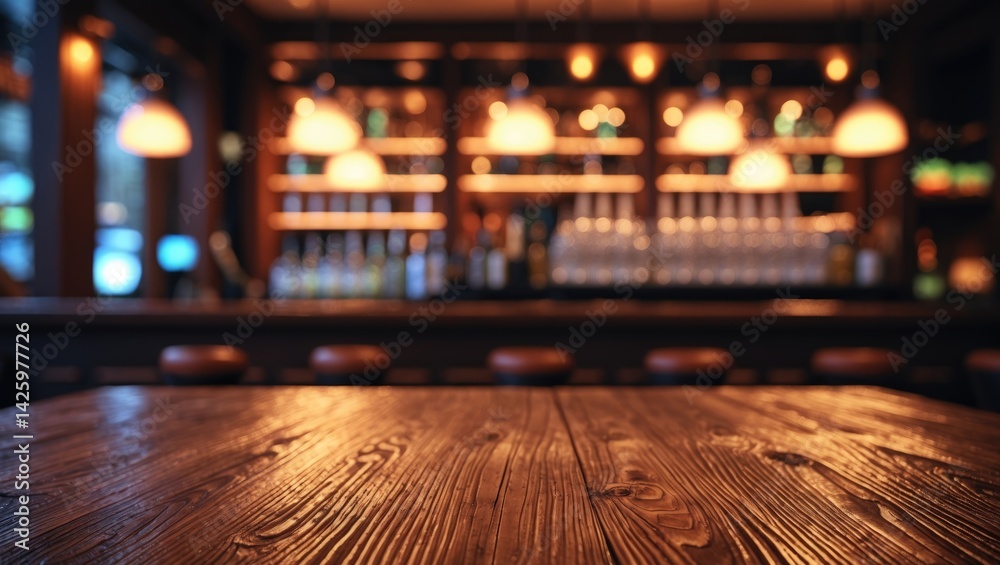 Blurred bokeh reflection and light effects on restaurant table with brown background