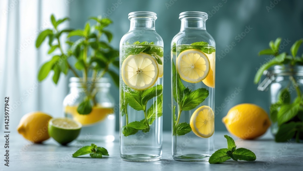 Table with bottles of infused water Table with bottles of infused water