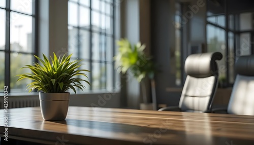 modern office scene featuring close up of desk with potted plant, sleek chair in background, and large windows allowing natural light. atmosphere is calm and inviting