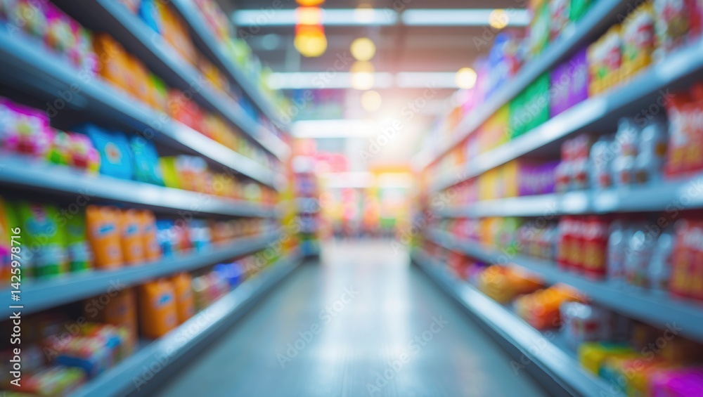 Fototapeta premium Blurred aisle and shelves in supermarket with bokeh lighting