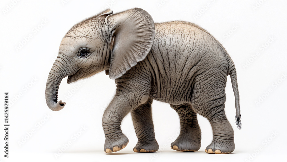 Fototapeta premium Adorable Baby African Elephant Walking Isolated on White Background Wildlife Photography