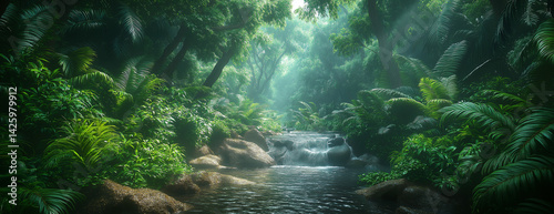 Lush Tropical Rainforest Scene with Tranquil Stream and Sunlight Filtering Through Canopy