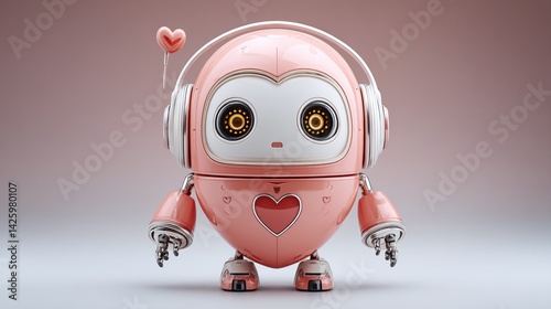 Cute pink robot wearing headphones and showing love, perfect for valentine's day projects