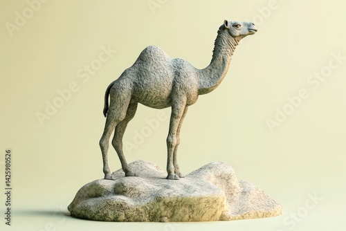 Desert camel sculpture atop a rocky outcrop.