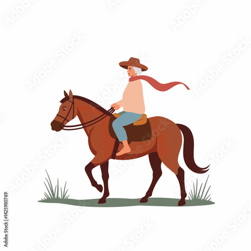 Elderly woman confidently riding a horse, serene adventure