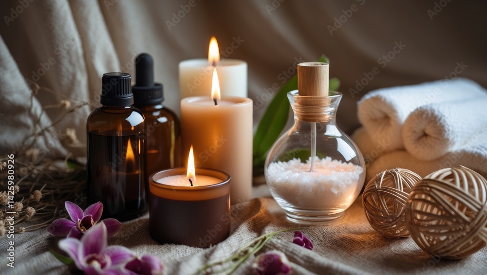 Relaxing aromatherapy items including essential oils, candles, bath salts, towels, and orchids Relaxing aromatherapy items including essential oils, candles, bath salts, towels, and orchids