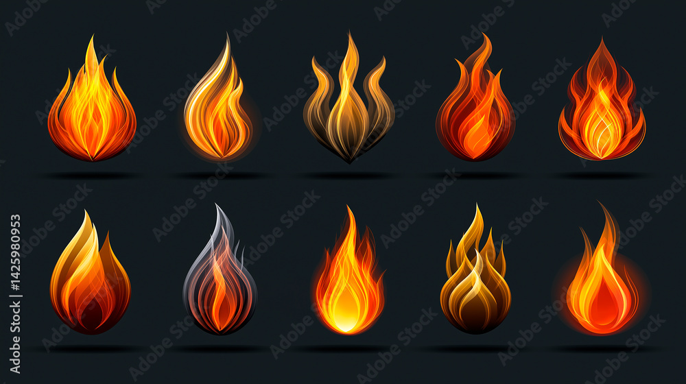 Burning flames logo set with different shapes and colors on dark background Burning flames logo set with different shapes and colors on dark background