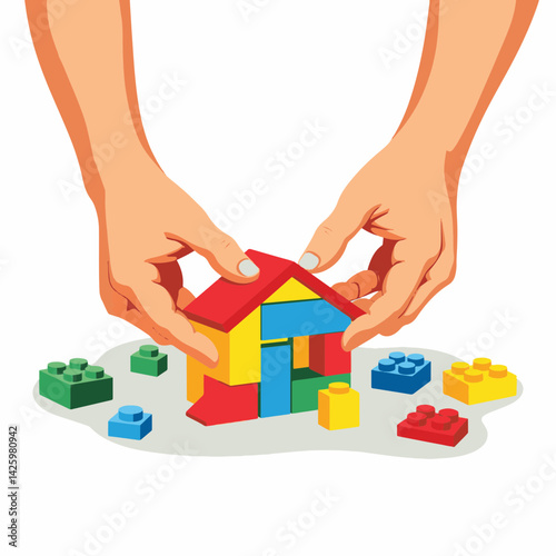 Elderly hands skillfully building a colorful toy house, creativity unfolding