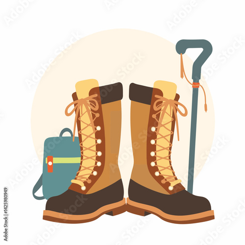 Elderly hiking boots and accessories on white background, adventure concept