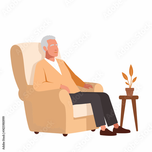 Elderly man resting in cozy armchair, comfort and relaxation