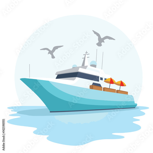 Sleek cruise ship sailing on calm sea with seagulls, summer escape